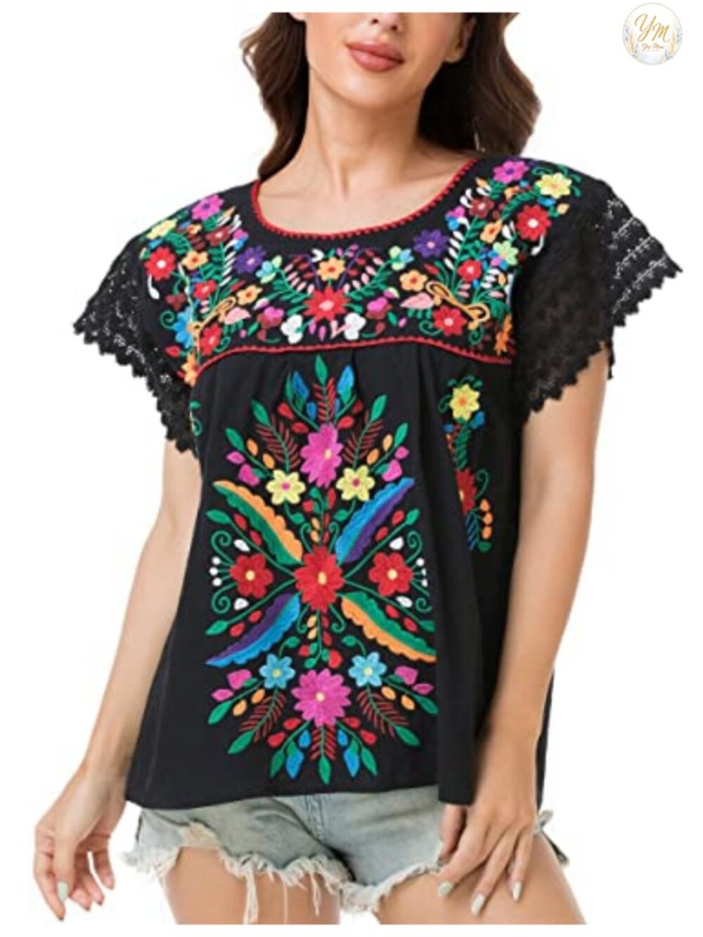 Embroidered Peasant Blouse 100% Cotton Short Sleeve Round Neck Loose Fit